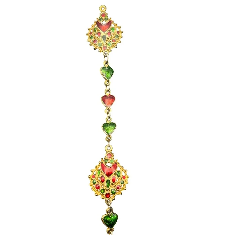 Vintage Hair Braid‎ Jewelry Red Green Enamel Hearts Chain Accessory Holiday